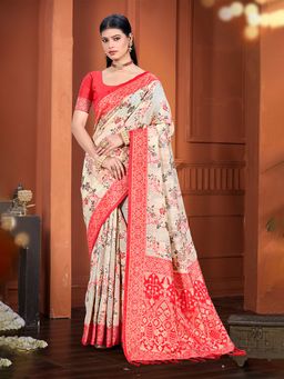 Sangam Prints - Beige Cottan Silk with Meena Woven Work Traditional Saree with Unstitched Blouse