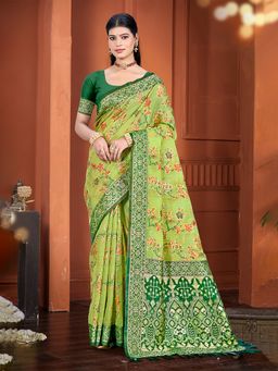 Sangam Prints - Green Cottan Silk with Meena Woven Work Traditional Saree with Unstitched Blouse