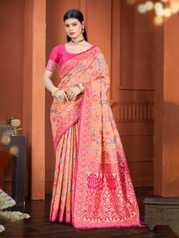 Sangam Prints - Peach Cottan Silk with Meena Woven Work Traditional Saree with Unstitched Blouse