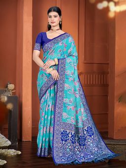 Sangam Prints - Blue Cottan Silk with Meena Woven Work Traditional Saree with Unstitched Blouse