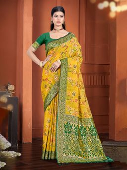 Sangam Prints - Yellow Cottan Silk with Meena Woven Work Traditional Saree with Unstitched Blouse