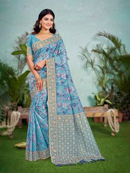 Sangam Prints - Sky Blue Cottan Silk with Meena Woven Work Saree with Unstitched Blouse