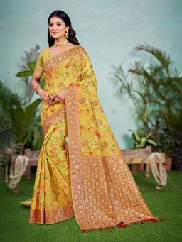 Sangam Prints - Yellow Cottan Silk with Meena Woven Work Traditional Saree with Unstitched Blouse