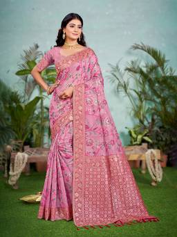 Sangam Prints - Pink Cottan Silk with Meena Woven Work Traditional Saree with Unstitched Blouse