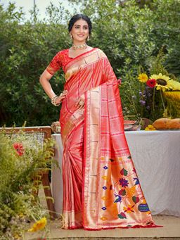 Sangam Prints - Coral Pink Silk Woven Work Traditional Saree with Unstitched Blouse