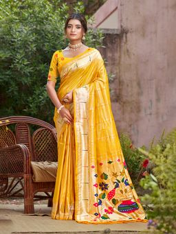 Sangam Prints - Yellow Silk Woven Work Traditional Saree with Unstitched Blouse