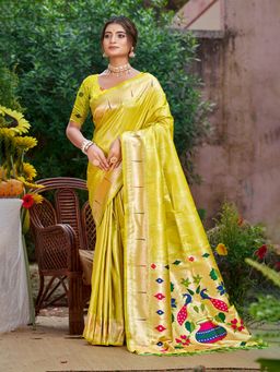 Sangam Prints - Lemon Yellow Silk Woven Work Traditional Saree with Unstitched Blouse