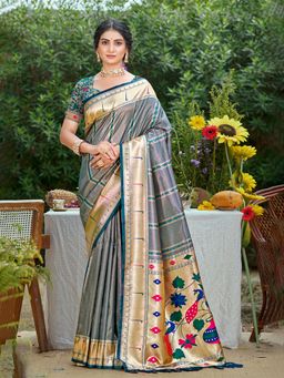Sangam Prints - Gray Silk Woven Work Traditional Saree with Unstitched Blouse