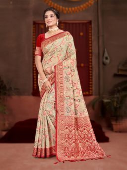 Sangam Prints - Cream Cotton Silk with Meena Woven Work Traditional Saree with Unstitched Blouse