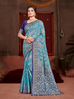 Sangam Prints - Sky Blue Cotton Silk with Meena Woven Work Saree with Unstitched Blouse