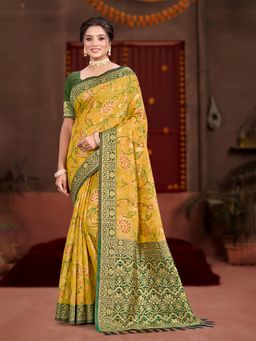 Sangam Prints - Yellow Cotton Silk with Meena Woven Work Traditional Saree with Unstitched Blouse