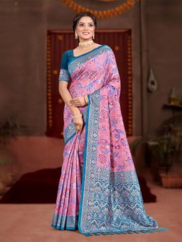 Sangam Prints - Pink Cotton Silk with Meena Woven Work Traditional Saree with Unstitched Blouse