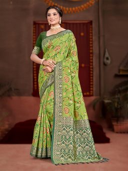 Sangam Prints - Green Cotton Silk with Meena Woven Work Traditional Saree with Unstitched Blouse