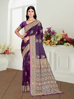 Sangam Prints - Violet Satin Silk Woven Work Traditional Saree with Unstitched Blouse