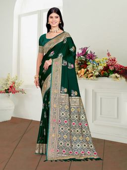 Sangam Prints - Green Satin Silk Woven Work Traditional Saree with Unstitched Blouse