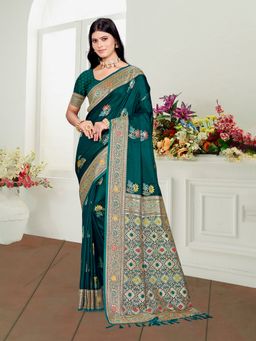 Sangam Prints - Teal Green Satin Silk Woven Work Traditional Saree with Unstitched Blouse