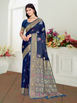 Sangam Prints - Navy Blue Satin Silk Woven Work Traditional Saree with Unstitched Blouse