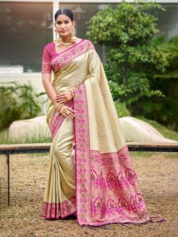 Sangam Prints - Rani Pink Silk Woven Work Traditional Saree with Unstitched Blouse
