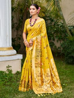 Sangam Prints - Yellow Cottan Silk with Meena Woven Work Traditional Saree with Unstitched Blouse