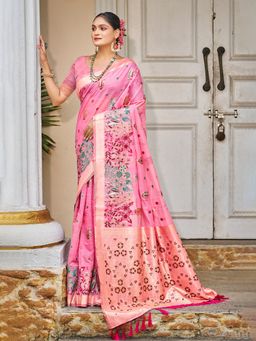 Sangam Prints - Pink Cottan Silk with Meena Woven Work Traditional Saree with Unstitched Blouse