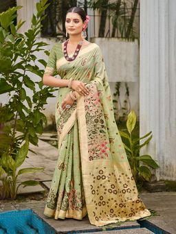 Sangam Prints - Green Cottan Silk with Meena Woven Work Traditional Saree with Unstitched Blouse
