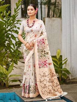 Sangam Prints - Off-White Cottan Silk with Meena Woven Work Saree with Unstitched Blouse