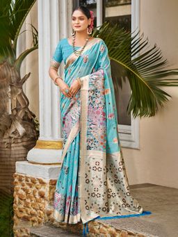 Sangam Prints - Blue Cottan Silk with Meena Woven Work Traditional Saree with Unstitched Blouse