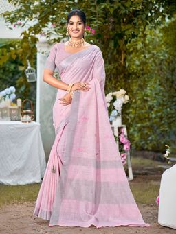Sangam Prints - Pink Linen Woven Work Traditional Saree with Unstitched Blouse