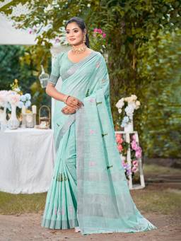 Sangam Prints - Sky Blue Linen Woven Work Traditional Saree with Unstitched Blouse