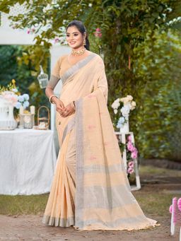 Sangam Prints - Light Peach Linen Woven Work Traditional Saree with Unstitched Blouse