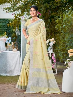 Sangam Prints - Yellow Linen Woven Work Traditional Saree with Unstitched Blouse