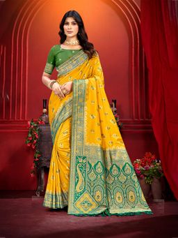 Sangam Prints - Yellow Silk Woven Work Traditional Saree with Unstitched Blouse