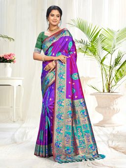 Sangam Prints - Purple Silk Woven Work Traditional Saree with Unstitched Blouse