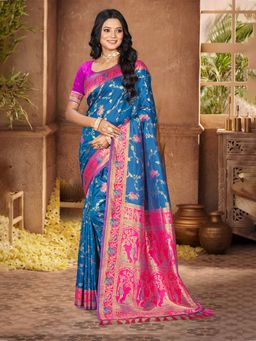 Sangam Prints - Peacock Blue Silk Woven Work Traditional Saree with Unstitched Blouse