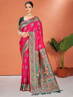 Sangam Prints - Rani Pink Silk Woven Work Traditional Saree with Unstitched Blouse