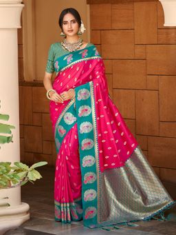 Sangam Prints - Dark Pink Silk Woven Work Traditional Saree with Unstitched Blouse