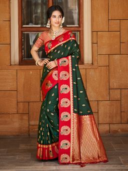 Sangam Prints - Dark Green Silk Woven Work Traditional Saree with Unstitched Blouse