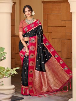 Sangam Prints - Black Silk Woven Work Traditional Saree with Unstitched Blouse
