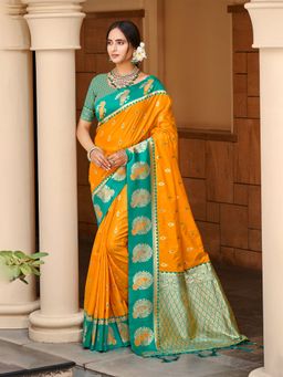 Sangam Prints - Yellow Silk Woven Work Traditional Saree with Unstitched Blouse