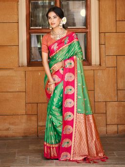 Sangam Prints - Green Silk Woven Work Traditional Saree with Unstitched Blouse