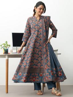 Gerua By Libas - Blue Ethnic Motifs Printed Cotton Blend A-Line Suit Set With Dupatta