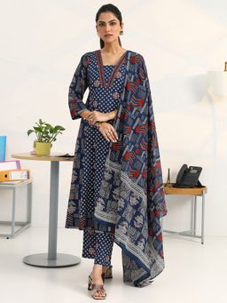 Gerua By Libas - Blue Cotton Blend Abstract Kurta with Trouser and Dupatta
