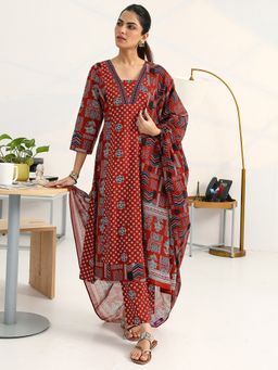 Gerua By Libas - Rust Cotton Blend Abstract Kurta with Trouser and Dupatta