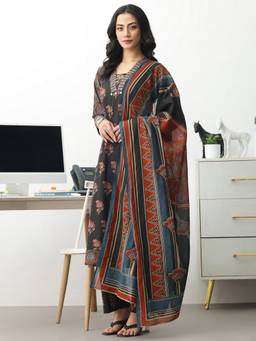 Gerua By Libas - Black Cotton Blend Abstract Kurta with Trouser and Dupatta