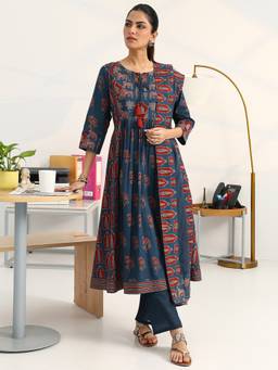 Gerua By Libas - Blue Cotton Blend Abstract Kurta with Trouser and Dupatta