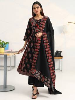 Gerua By Libas - Black Cotton Blend Abstract Kurta with Trouser and Dupatta