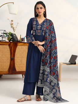Gerua By Libas - Blue Cotton Blend Abstract Kurta with Palazzo and Dupatta
