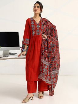 Gerua By Libas - Rust Cotton Blend Abstract Kurta with Palazzo and Dupatta