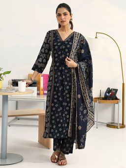 Gerua By Libas - Blue Cotton Blend Abstract Kurta with Palazzo and Dupatta