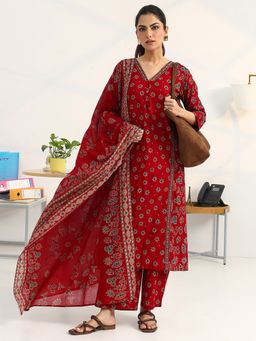 Gerua By Libas - Red Cotton Blend Abstract Kurta with Palazzo and Dupatta